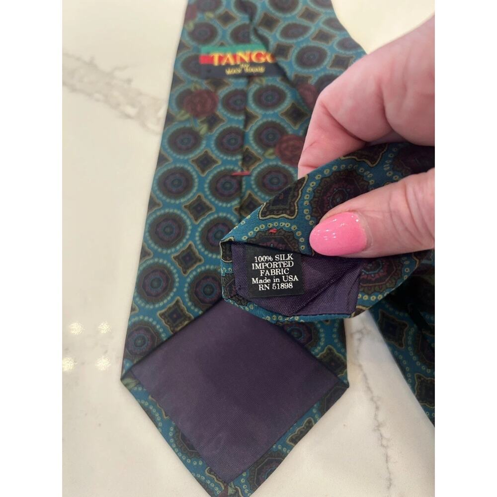 Vtg 1990s Tango by Max Raab Mens Silk Tie 3.75” Muted Turquoise Abstract Roses - Picture 7 of 8